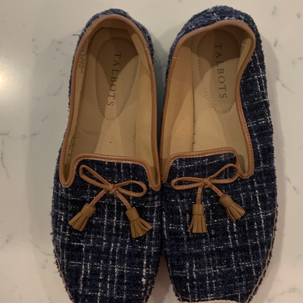 Talbots Navy and Tan Tweed Loafers with Tassels